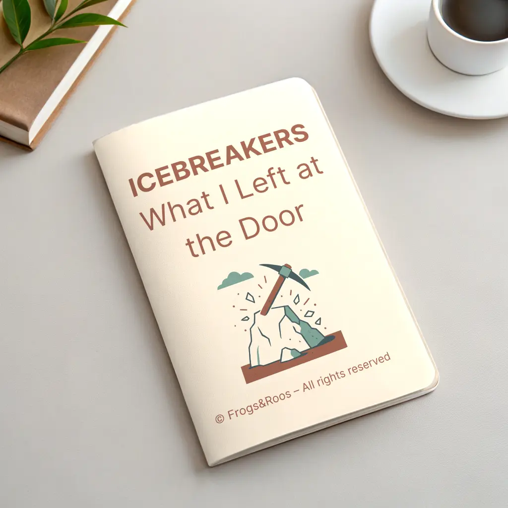 Free Icebreaker – “What I Left at the Door” by Frogs&Roos Cover of the free icebreaker “What I Left at the Door” by Frogs&Roos, featuring an illustration of a pickaxe breaking ice, symbolizing team openness and connection.