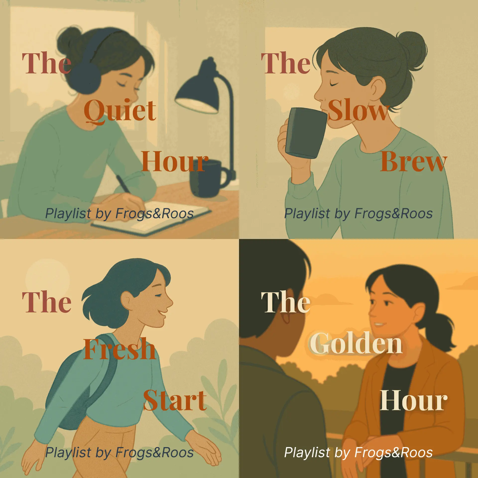 Frogs&Roos Playlists – Music for Focus, Energy, and Relaxation at Work Four illustrated covers of Frogs&Roos playlists: The Quiet Hour for deep focus, The Slow Brew for mindful breaks, The Fresh Start for morning energy, and The Golden Hour for after-work relaxation.