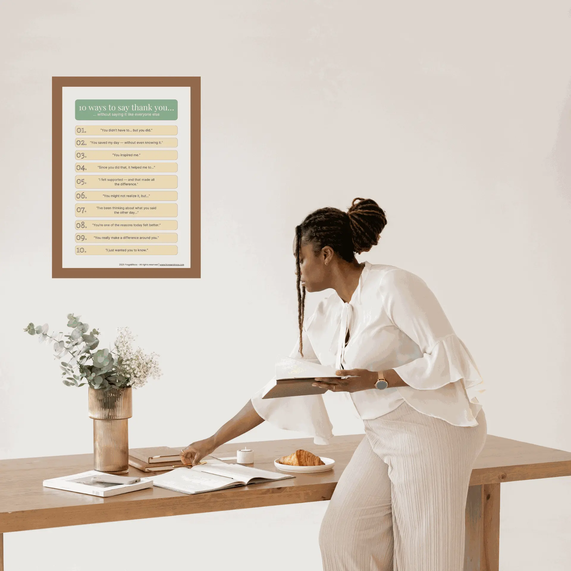 Frogs&Roos Poster – Creative Ways to Express Gratitude Gratitude poster titled “10 Ways to Say Thank You… Without Saying It Like Everyone Else” displayed in a minimal, elegant workspace. Designed by Frogs&Roos to promote recognition and appreciation at work.